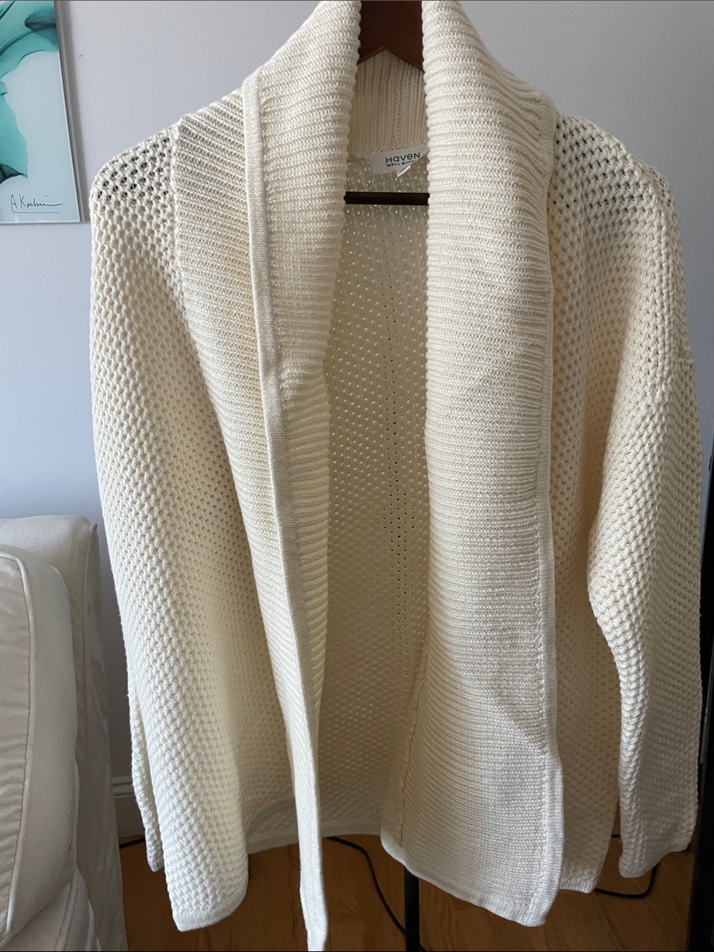 Cotton Cream Open-Front Knit Shawl Collar Cardigan